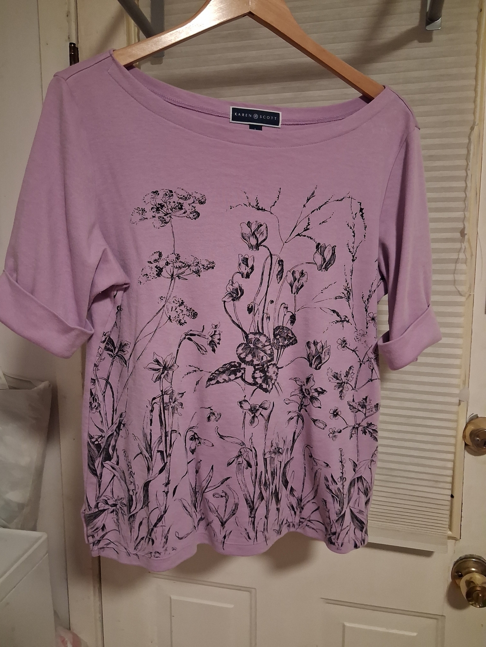Karen Scott Lavender Short 3/4 Sleeve Floral Boatneck Top Women's